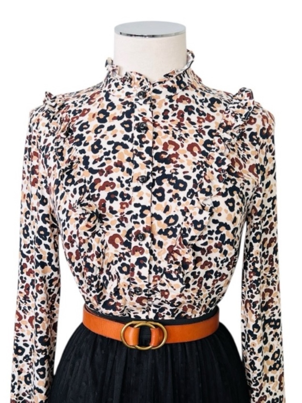 ANTHROPOLOGIE Maeve Brown Leopard Print Button Down Shirt Size 4 Katia Ruffled